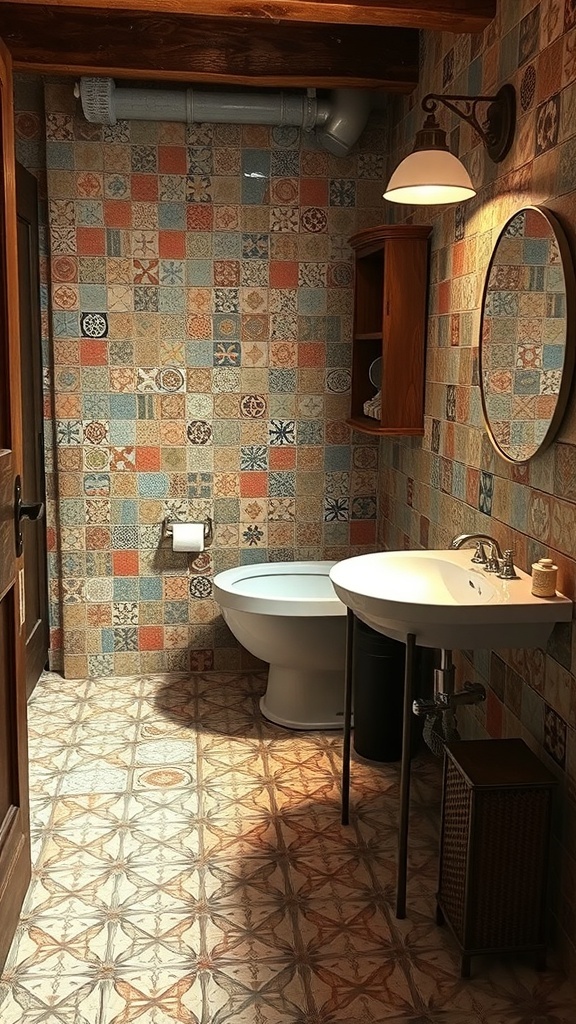 A rustic bathroom featuring colorful patterned tiles on the walls and floor.