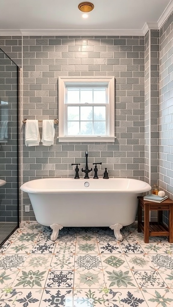 A modern farmhouse bathroom featuring gray subway tiles on the walls and a colorful patterned tile floor.