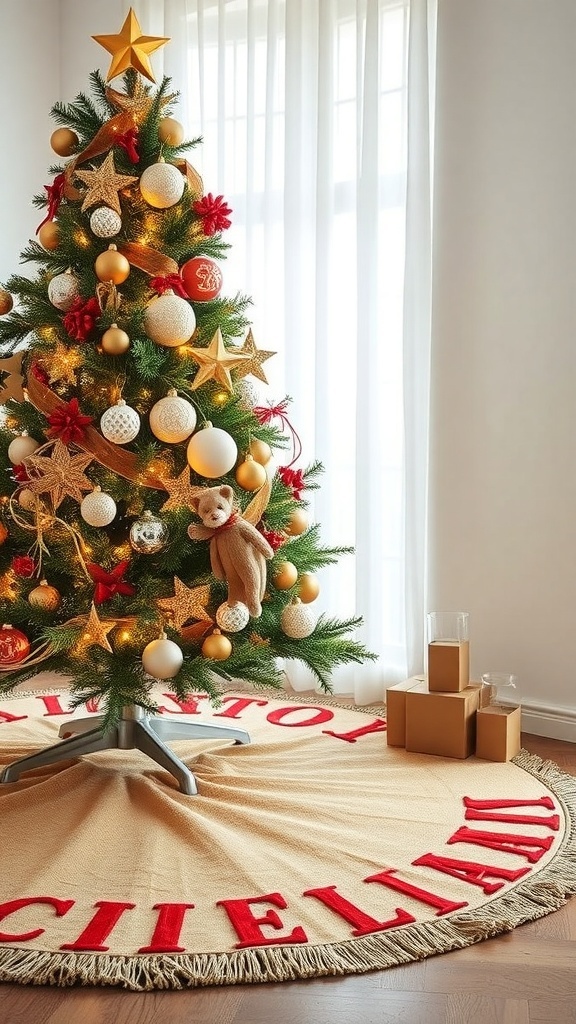 A beautifully decorated Christmas tree with a unique tree skirt featuring red lettering and a natural look.