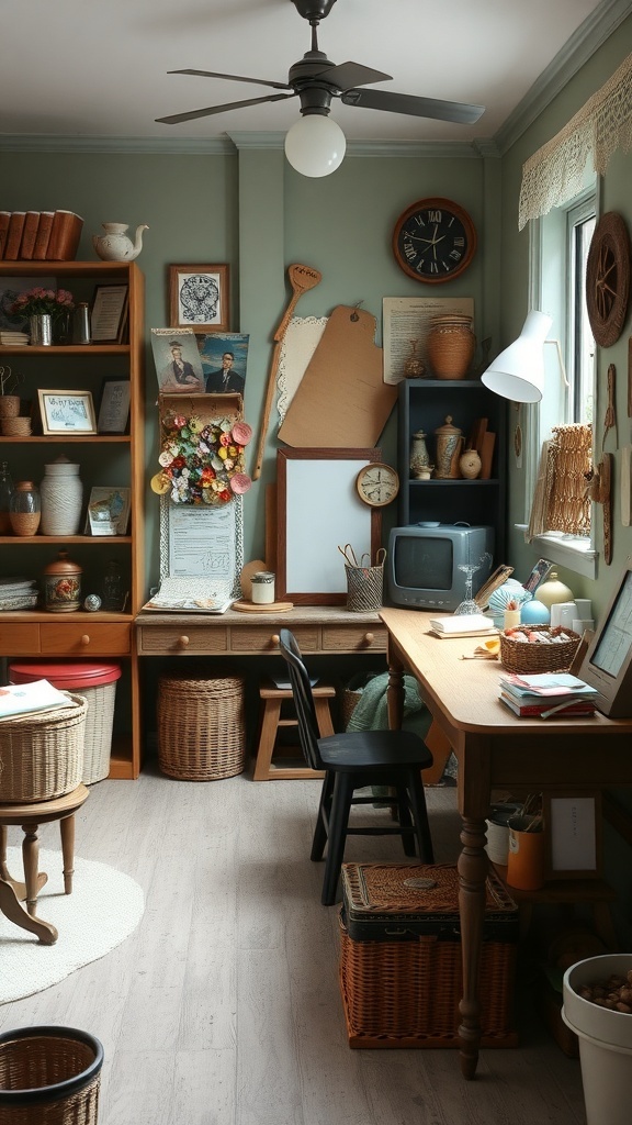 A vintage craft room filled with various upcycled materials and a cozy atmosphere.