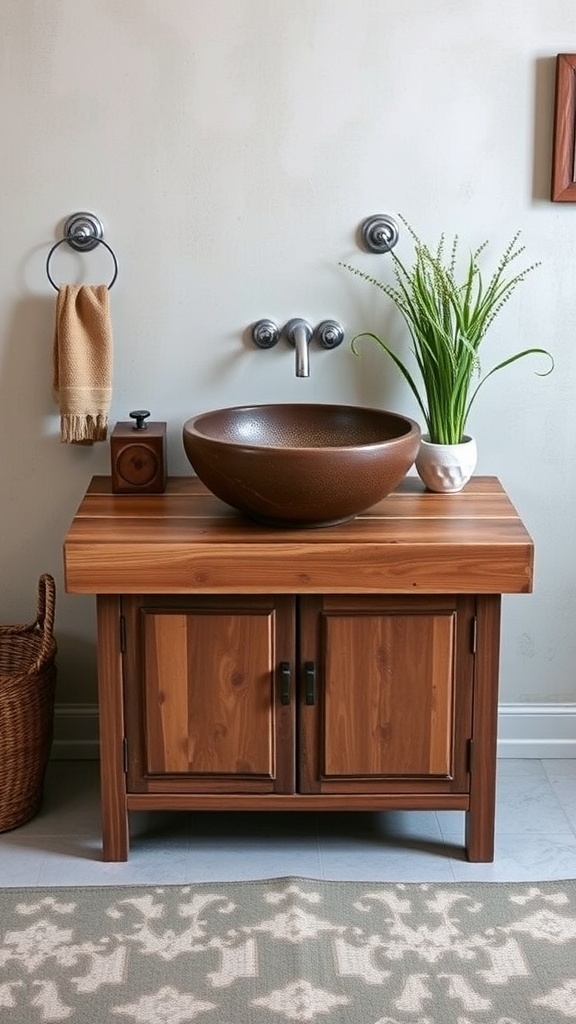 Rustic bathroom vanity with a unique vessel sink