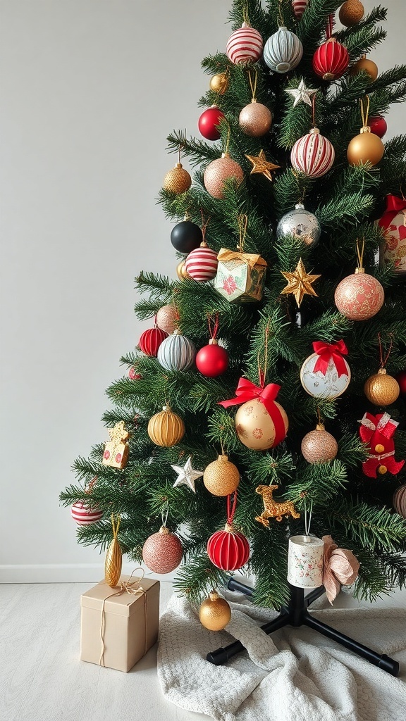 A beautifully decorated Christmas tree with colorful ornaments and gift boxes.