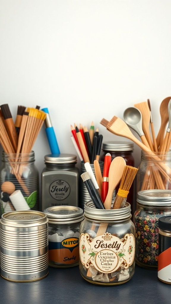 Various upcycled containers holding craft supplies like brushes, pencils, and other tools.