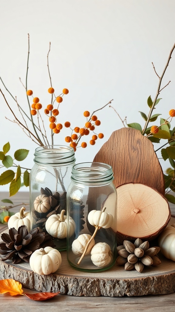 A cozy fall decor arrangement featuring clear jars with white pumpkins and pinecones, a wooden slice, and colorful autumn leaves.