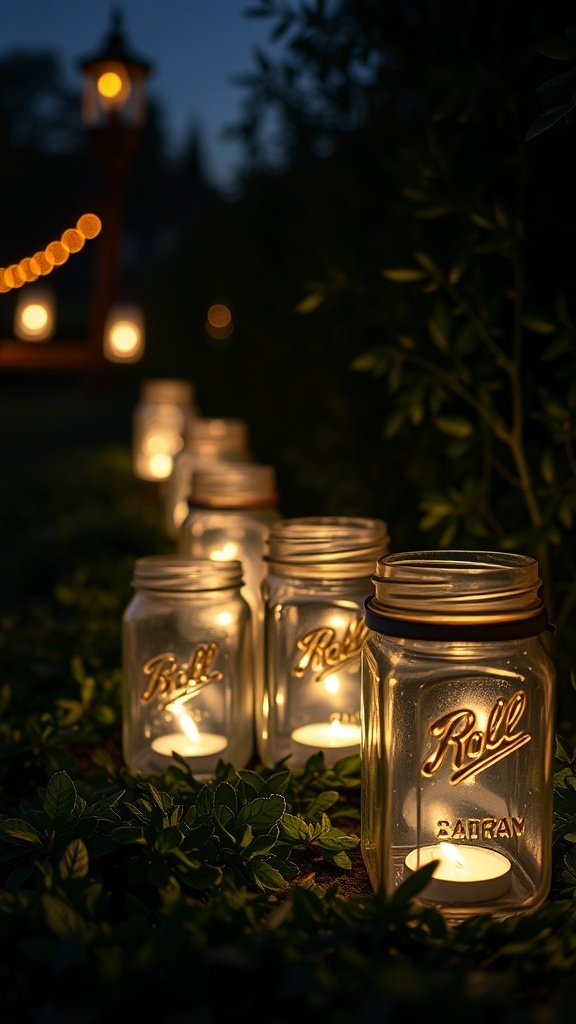 A pathway lined with glowing mason jar lanterns, creating a warm atmosphere.