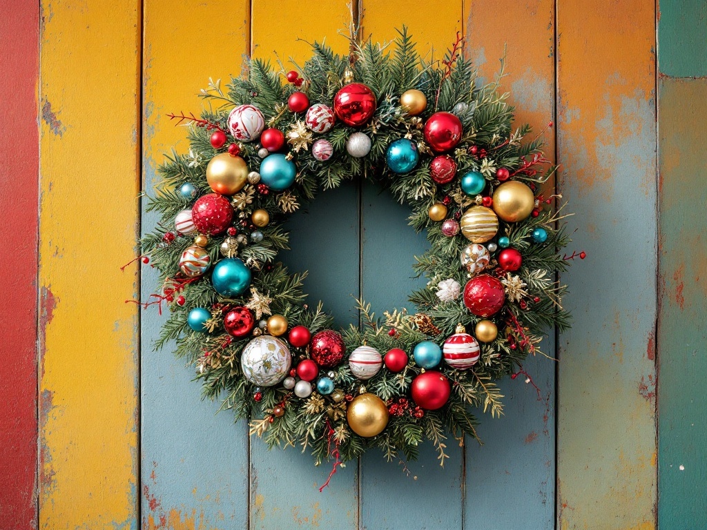 A colorful Christmas wreath adorned with red, gold, and teal ornaments against a rustic wooden background.