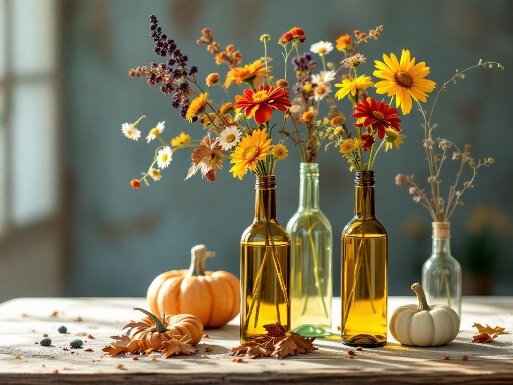 Upcycled wine bottle vases with flowers and small pumpkins on a table