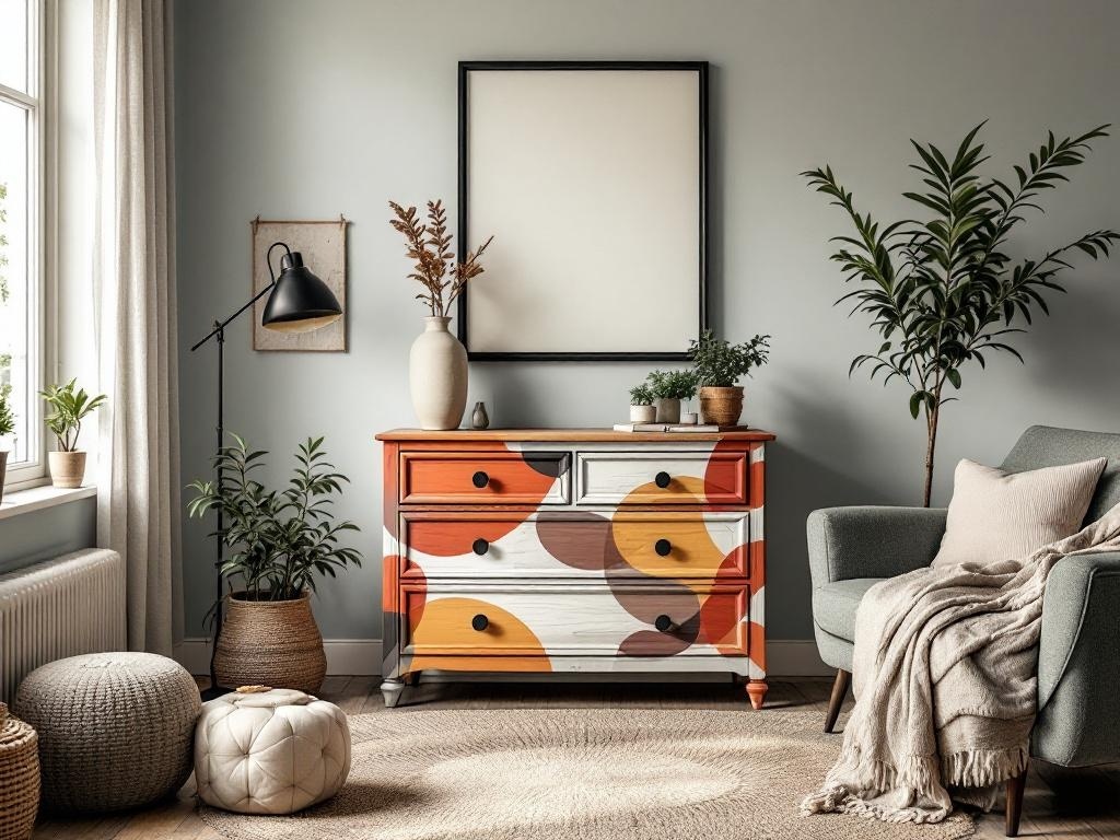 A colorful upcycled dresser in a cozy living room setting with plants and soft furnishings.