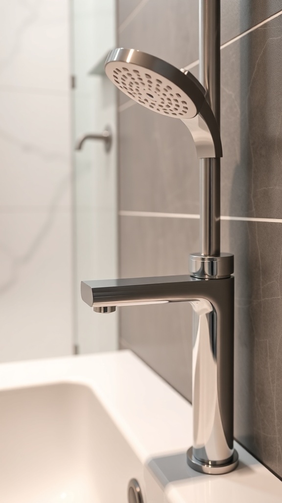 Close-up of modern bathroom fixtures including a sleek faucet and showerhead.