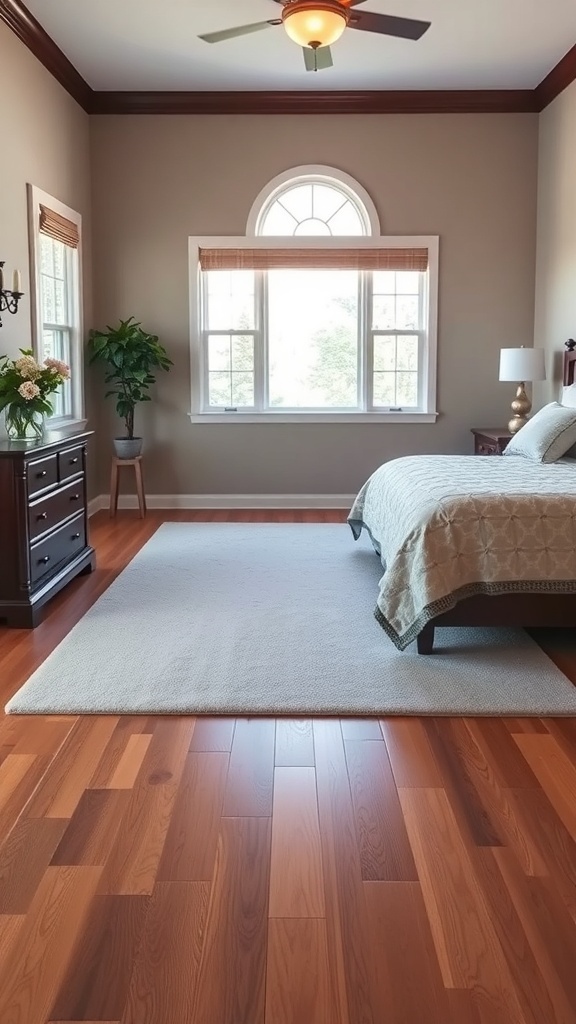 A master bedroom with wooden flooring and a soft area rug.
