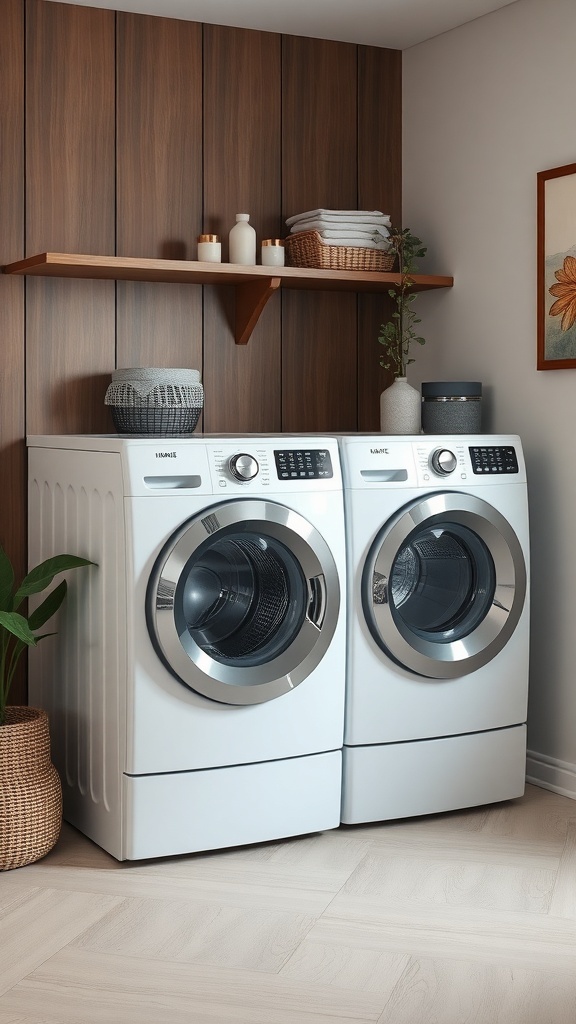A modern laundry room featuring new appliances and a stylish design.