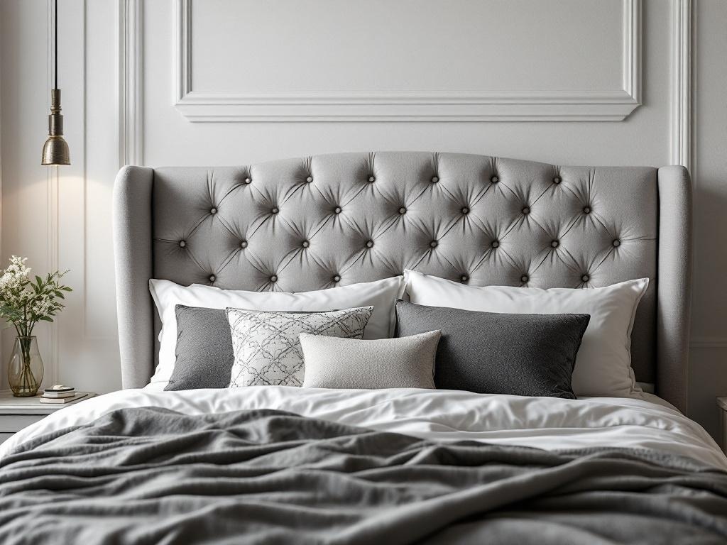 A stylish upholstered fabric headboard in light gray with tufted design, paired with white and gray bedding and decorative pillows.