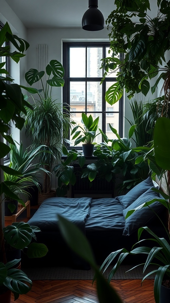 A cozy bedroom with a black bed surrounded by various indoor plants.