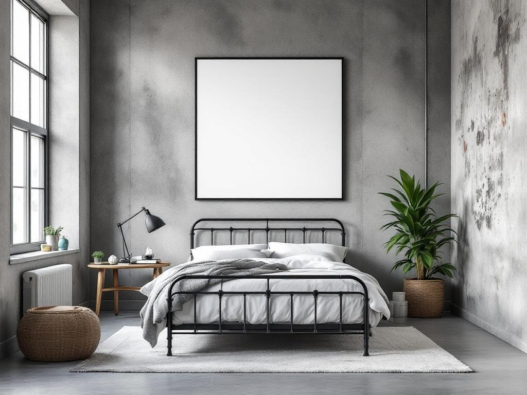 A modern bedroom featuring a black metal bed frame, concrete walls, large windows, and a potted plant.