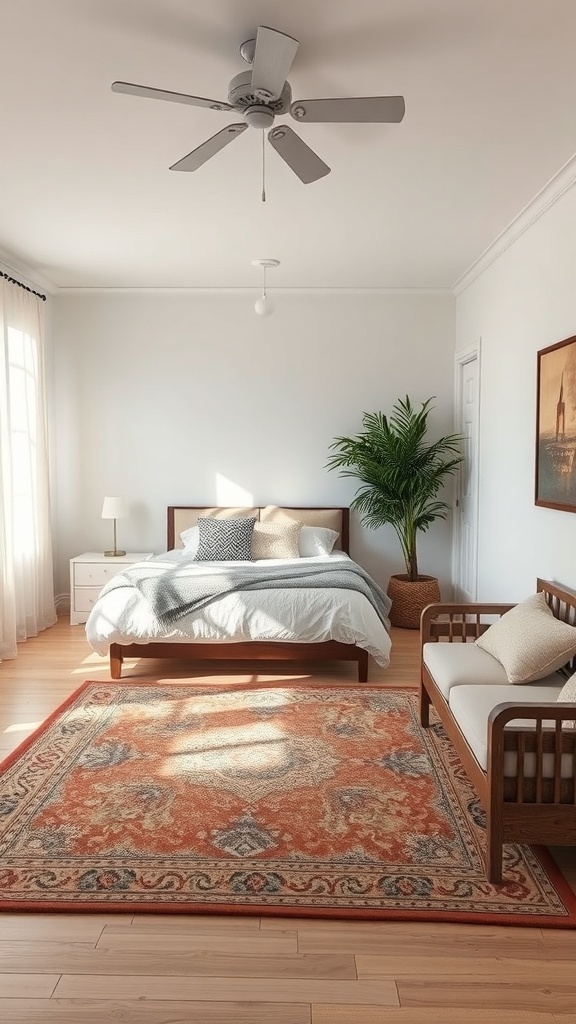 A cozy bedroom with a large area rug, a bed, and a small seating area.