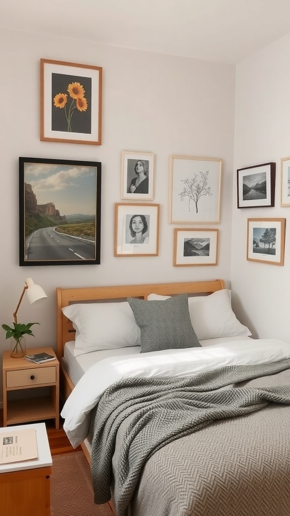 A small bedroom featuring a gallery wall with various framed artworks and a neatly made bed.