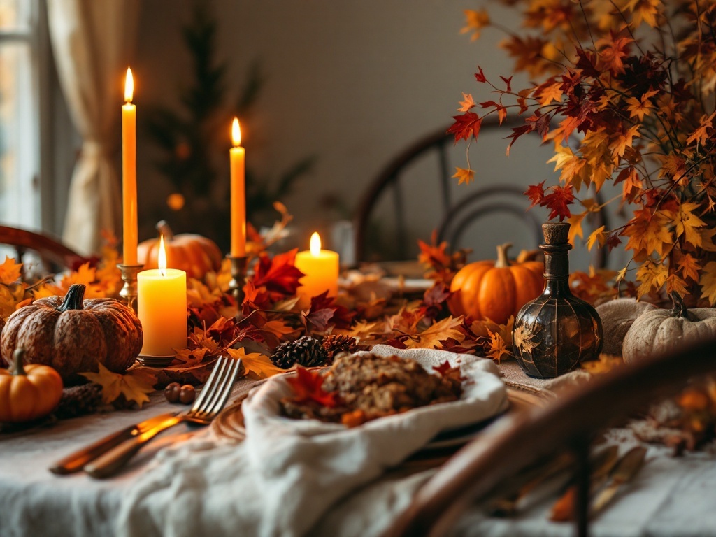 Thanksgiving table setting with candles, pumpkins, and autumn leaves
