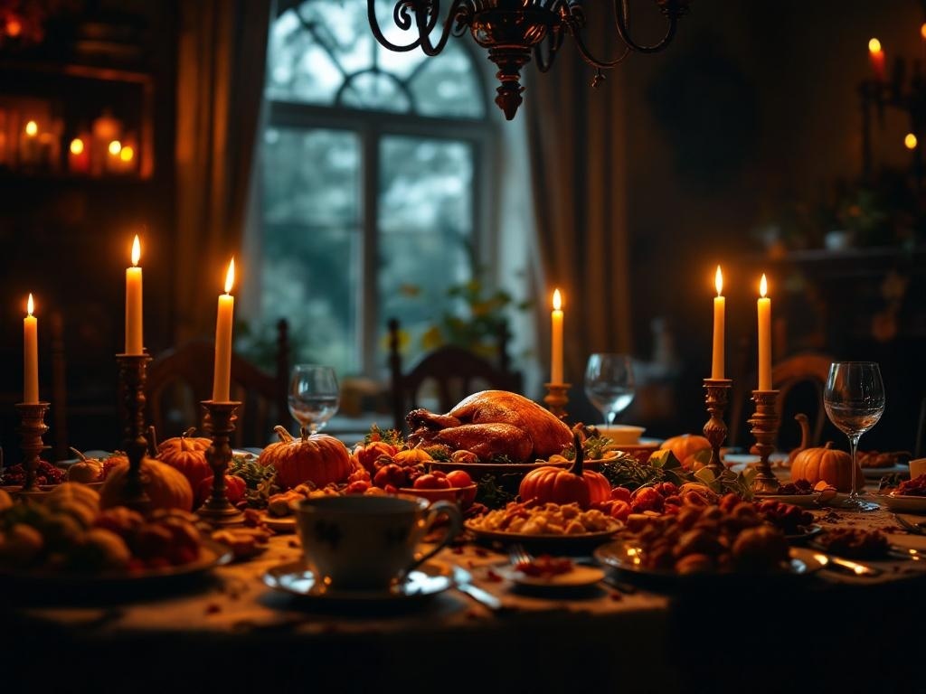 A beautifully set Thanksgiving table with candles, turkey, and seasonal decorations.