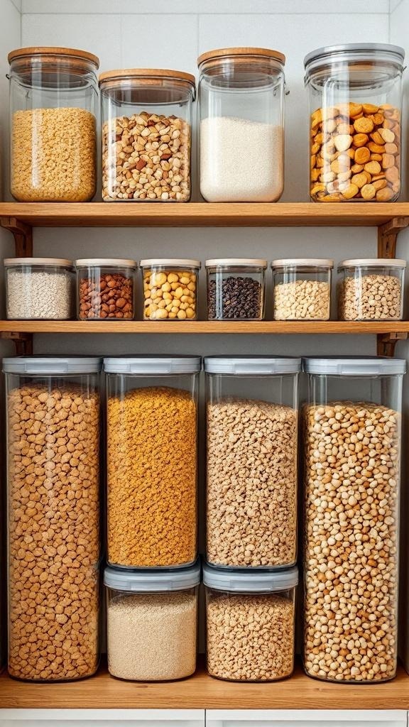 Organized pantry with clear containers holding various food items on wooden shelves.