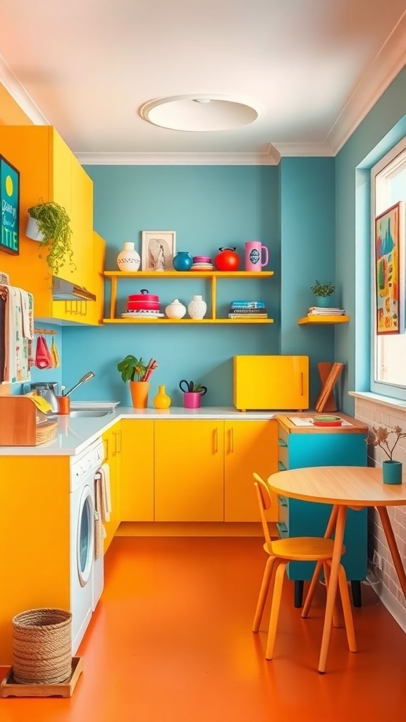 A small kitchen featuring bright yellow cabinets, blue walls, and an orange floor, showcasing colorful decor and open shelving.