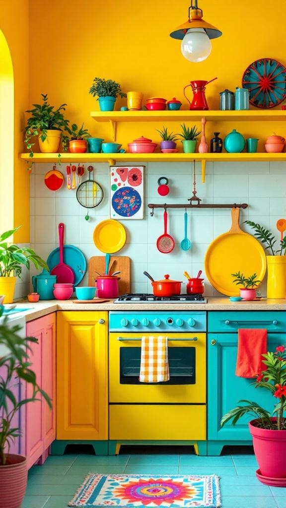 A colorful kitchen with yellow walls, pink and blue cabinets, and vibrant pots and plants.
