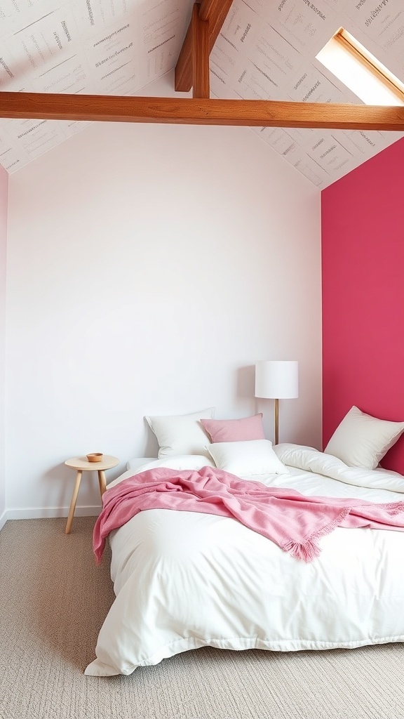 A cozy loft bedroom with a pink accent wall and white bedding.