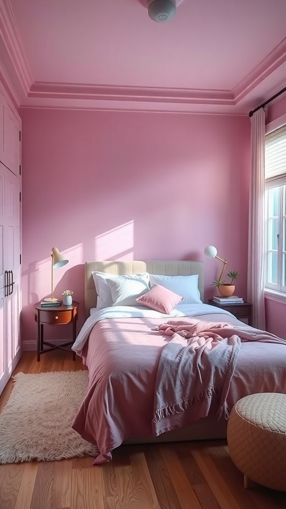 A cozy bedroom with soft pink walls, a neatly made bed, and warm wooden flooring.