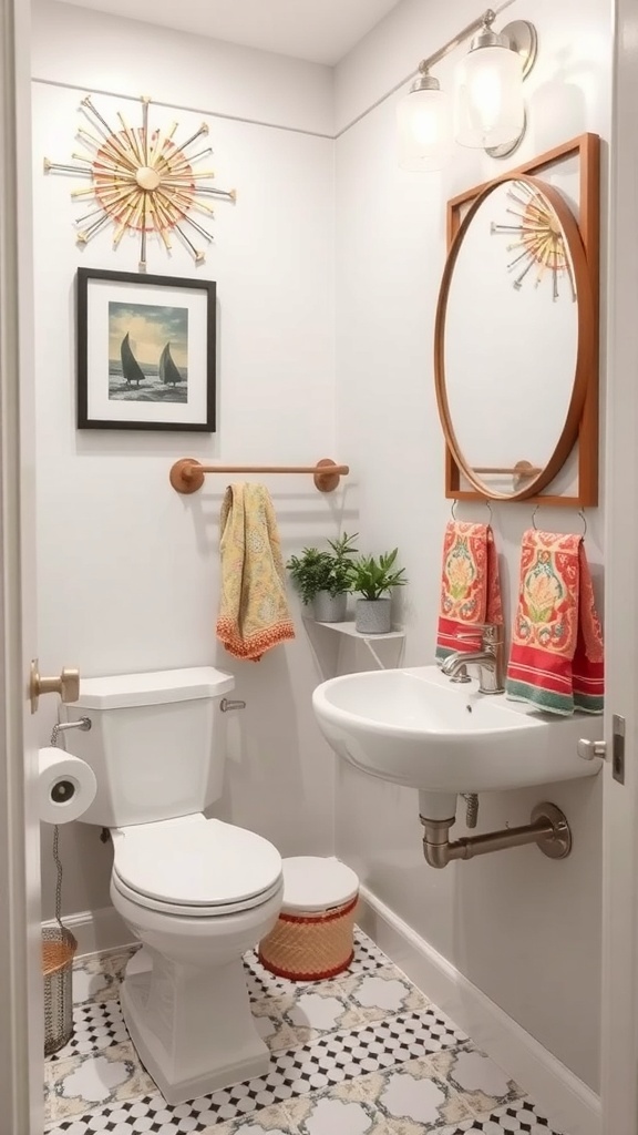A small bathroom featuring decorative accents like a colorful mirror, artwork, and plants.