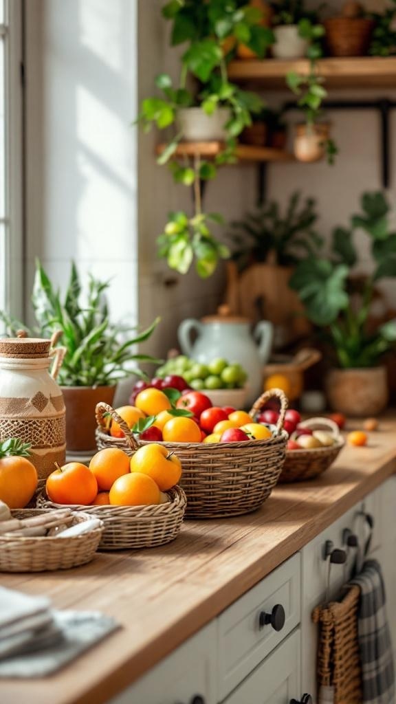 A kitchen countertop with decorative baskets filled with fruits and plants in the background.