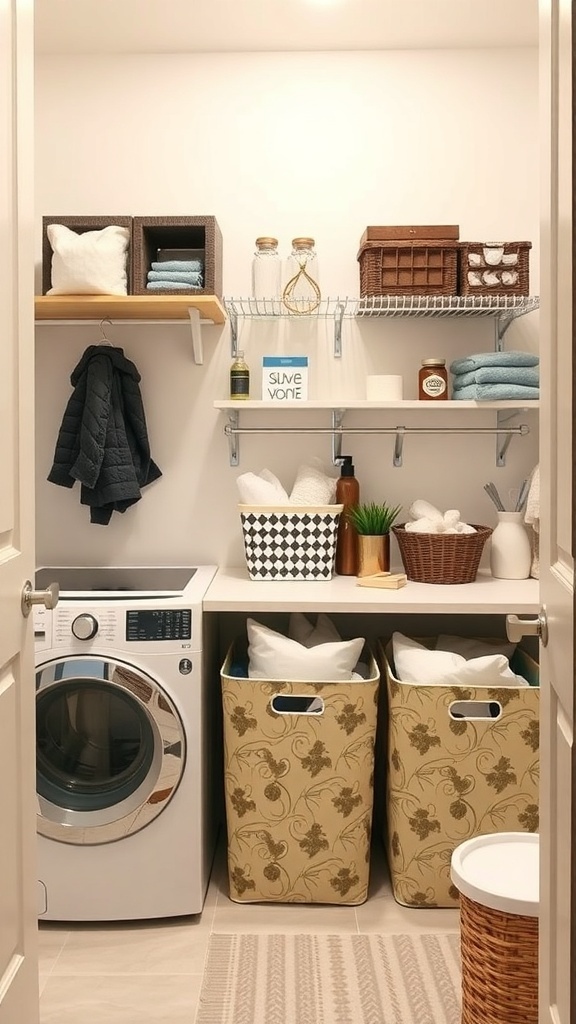 A tidy laundry room featuring decorative storage bins, a washing machine, and organized shelves.