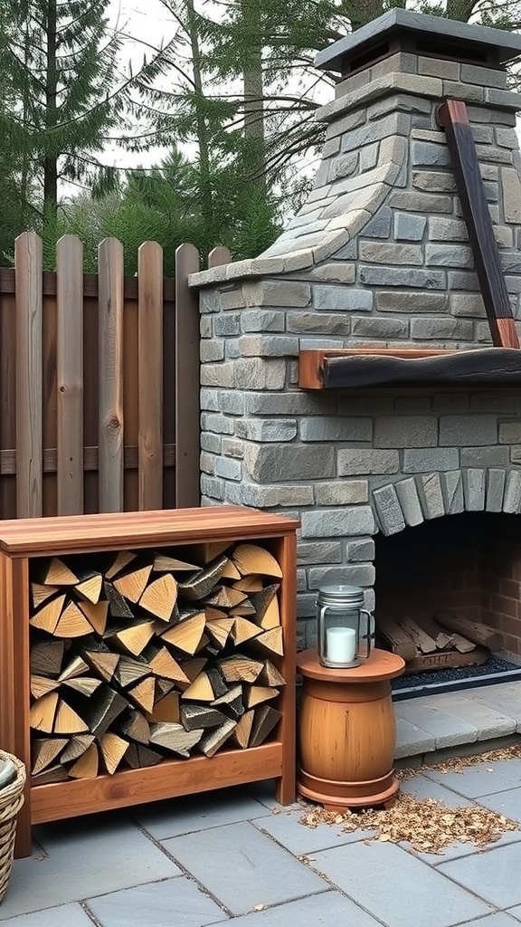 A rustic outdoor fireplace with neatly stacked firewood storage beside it.