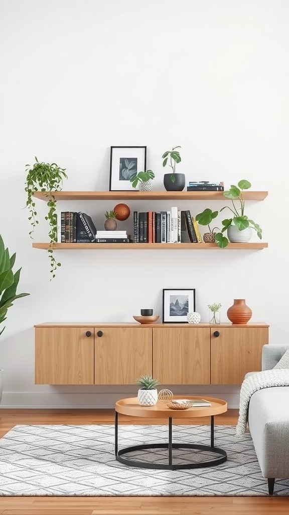 A modern living room featuring a floating bookshelf with books and plants, complemented by a wooden cabinet and a round coffee table.