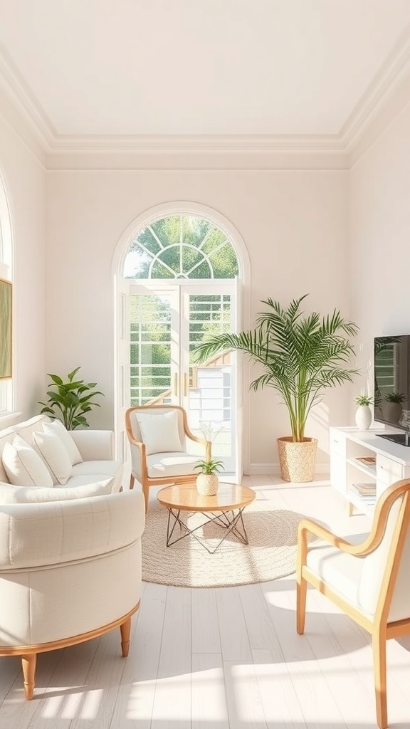 A small living and dining room with light colors and plants.