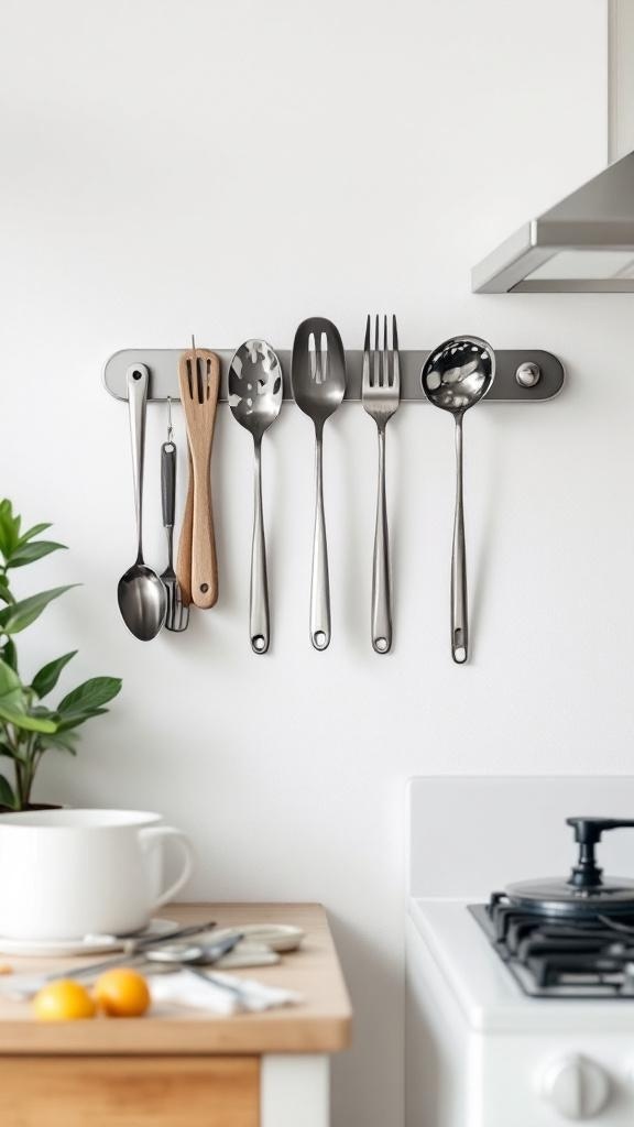 A magnetic strip on a wall holding various kitchen utensils, including spoons and spatulas.