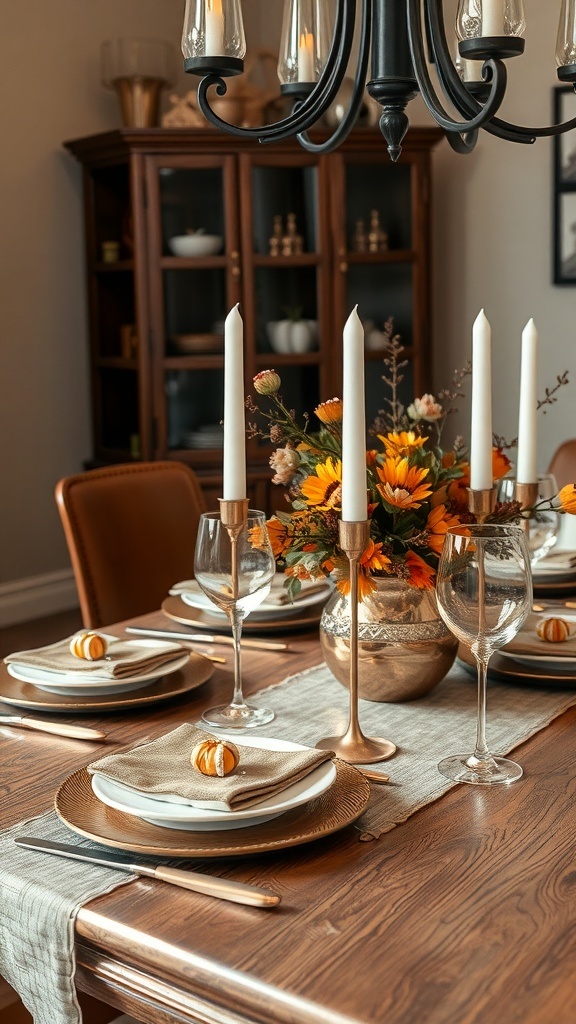 A beautifully set dining table with metallic accents, featuring golden plates, a floral centerpiece, and candles.