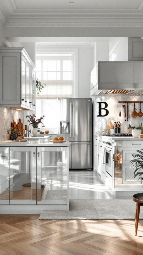 A modern kitchen featuring mirrored cabinets and bright lighting, creating an illusion of space.