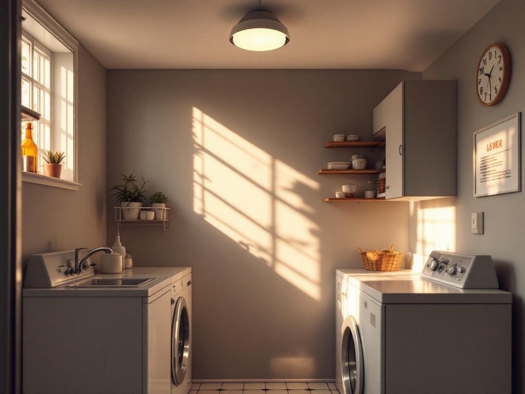 A small laundry room with sunlight streaming through a window, showcasing a clean and organized space.