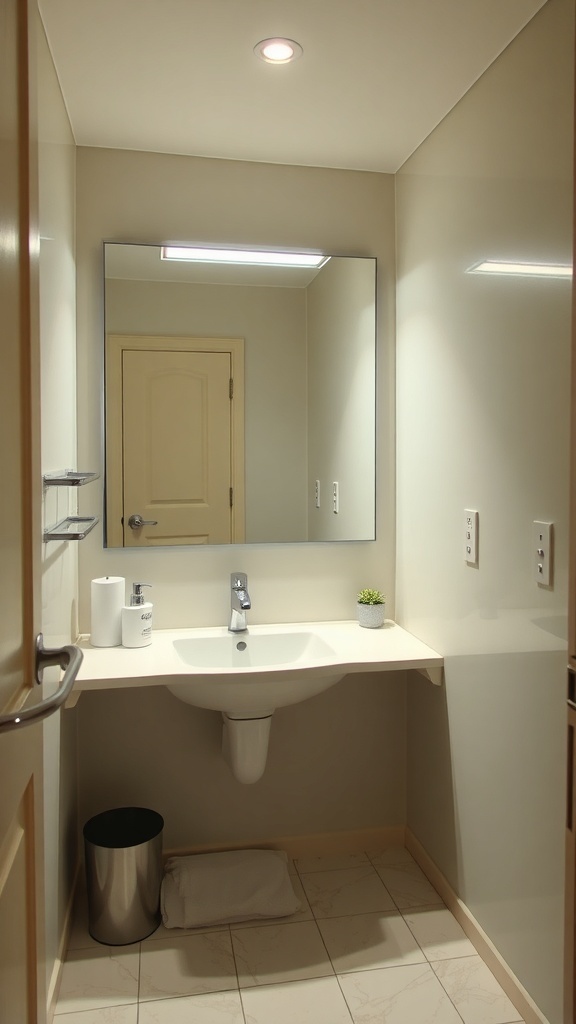 A small bathroom with a large mirror above the sink, showcasing a clean and modern design.