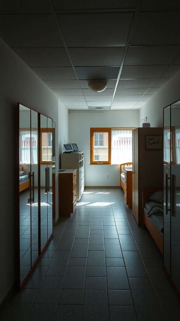 A cozy dorm room with large mirrors reflecting light, creating an open and bright atmosphere.