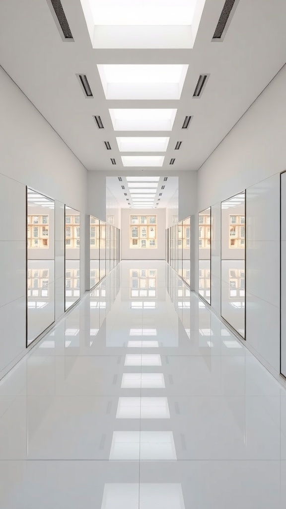 A bright hallway with reflective surfaces creating an illusion of space.