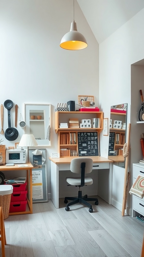 A small craft room featuring a desk, shelves, and mirrors on the wall.