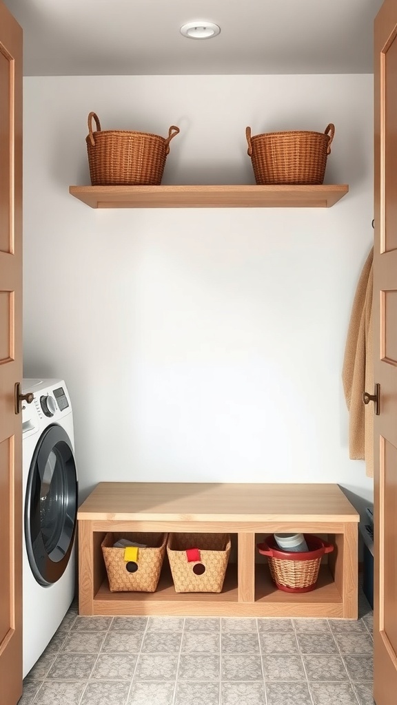 A small laundry room featuring a washing machine, a wooden bench with storage baskets underneath, and a shelf above.