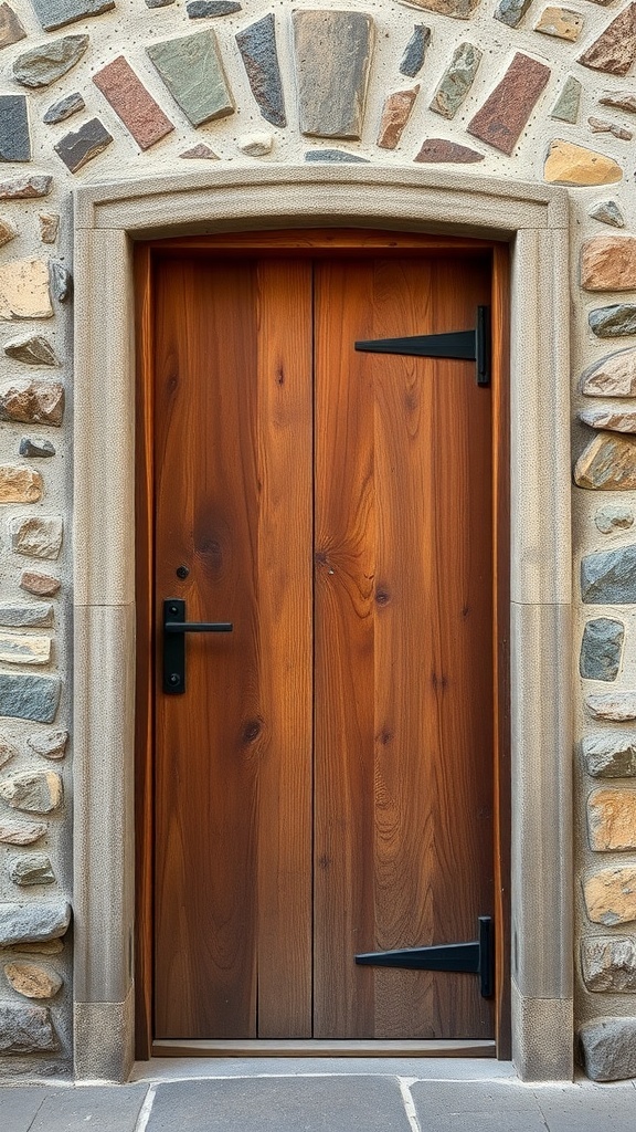 A rustic wooden front door with a stone wall background.