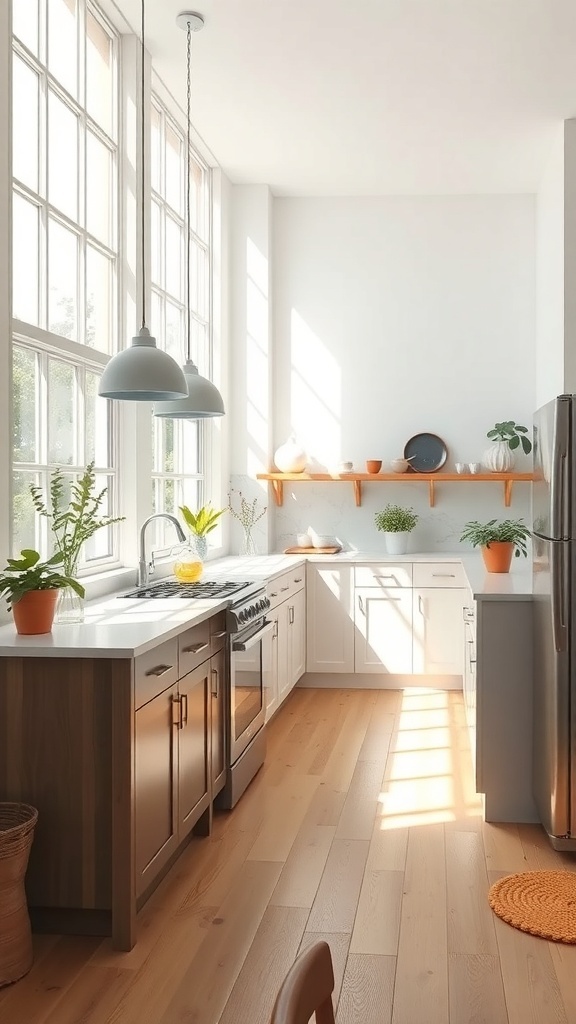 A bright kitchen with large windows, white cabinets, and plants, showcasing the use of natural light.