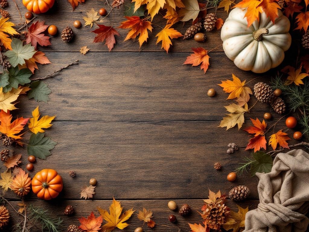 A Thanksgiving table setup featuring autumn leaves, pumpkins, and pinecones on a wooden surface.