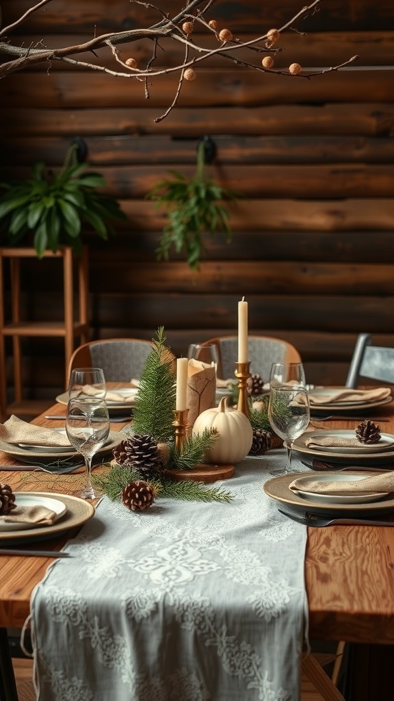 A rustic farmhouse dining table decorated with pinecones, greenery, candles, and a table runner.
