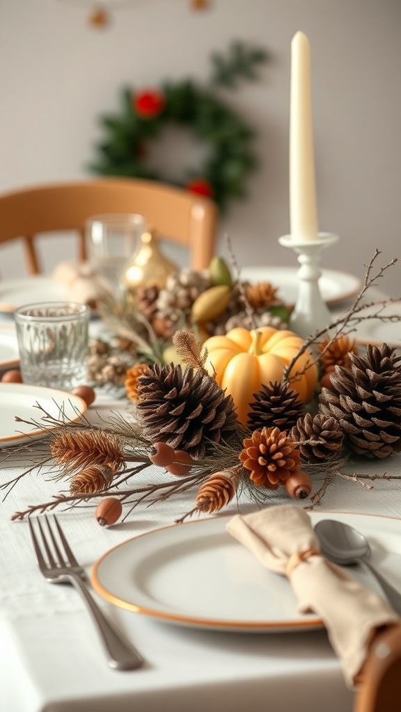 Thanksgiving dinner table setting with natural decorations like pinecones and a pumpkin.