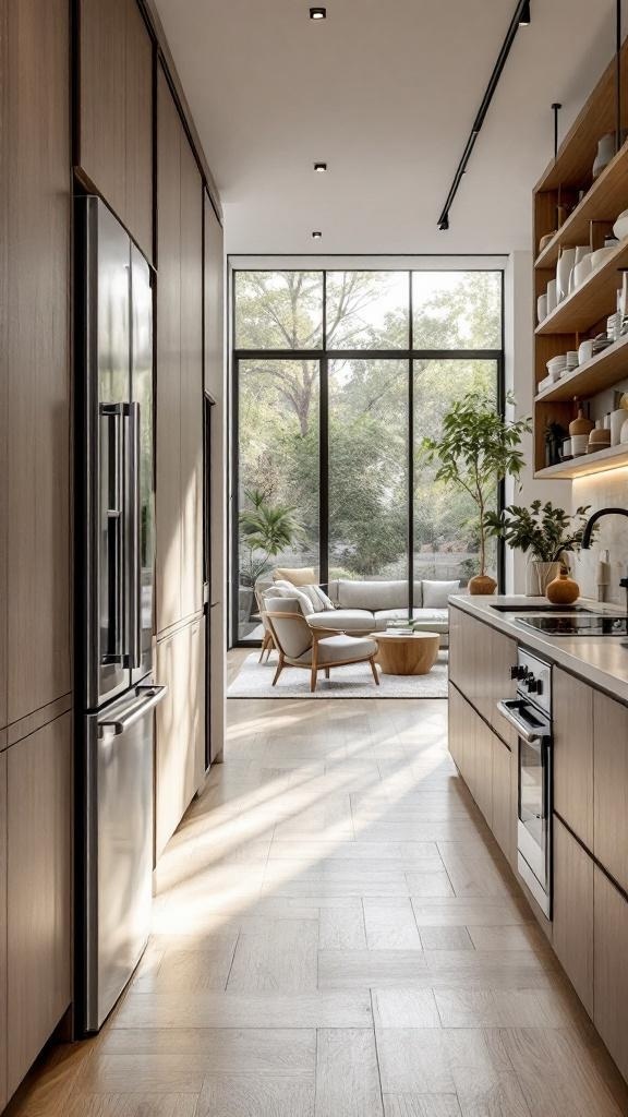 A modern galley kitchen with wooden cabinets, large windows, and a view into a living area with plants.