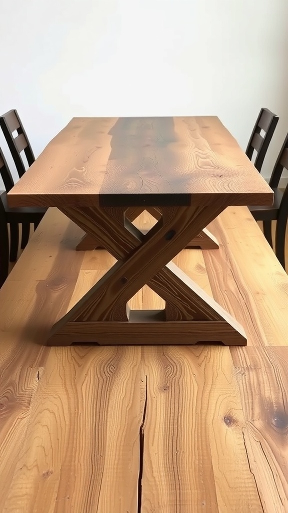 A rustic dining table made from reclaimed wood with a unique base design.
