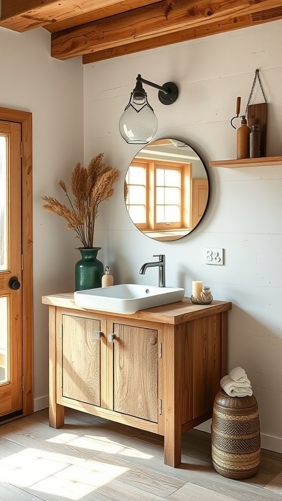 A rustic bathroom featuring a reclaimed wood vanity with a modern sink and decor.